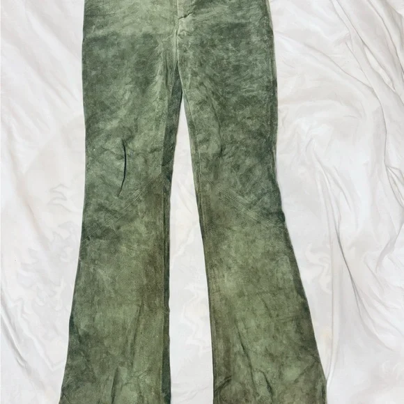 Green Flared Women's Leather Pants - Picture 1 of 7